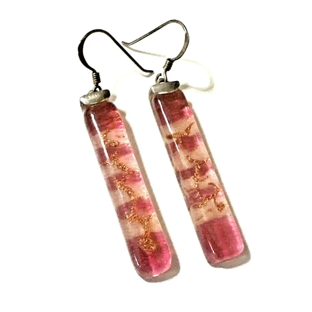 Artisan Lampwork Glass Bar Earrings Pink Gold Horizontal Stripe 925 Silver 1.5
